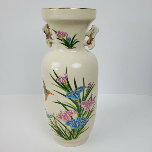 Vintage Japan Porcelain Iris Hummingbird Vase ART w/ Handles Gold Trim 12 Inch - Picture 1 of 8